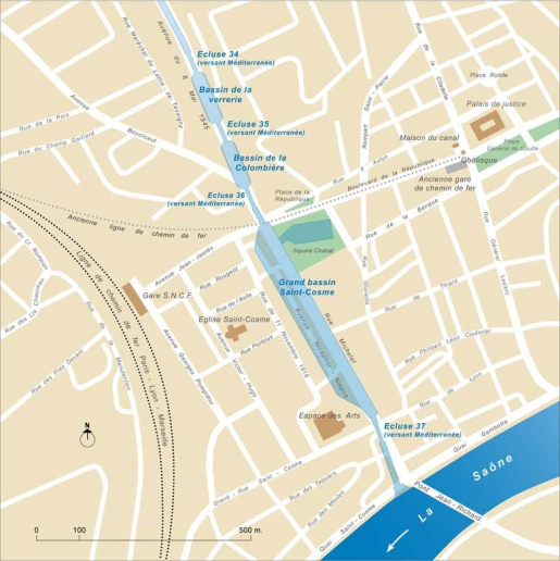 Carte schématique de l'ancien tracé du canal du Centre dans la ville de Chalon-sur-Saône. Détail. © Alain Morelière / Région Bourgogne-Franche-Comté, Inventaire du patrimoine - 2014