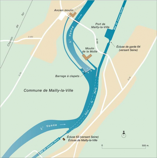 Carte schématique de la râcle de Mailly-la-Ville, du barrage et du port. © Alain Morelière / Région Bourgogne-Franche-Comté, Inventaire du patrimoine - 2014