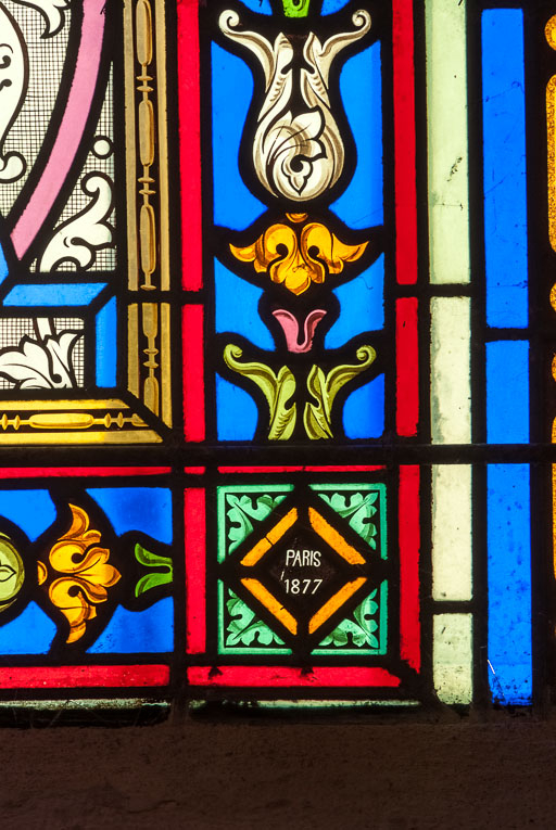 Verrière représentant St Hubert et St Laurent. Détail de la date. © Pierre-Marie Barbe-Richaud / Région Bourgogne-Franche-Comté, Inventaire du patrimoine - 2015