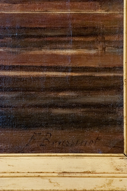 Détail de la signature du tableau représentant l'intérieur de l'ancienne église d'Aloxe-Corton. © Pierre-Marie Barbe-Richaud / Région Bourgogne-Franche-Comté, Inventaire du patrimoine - 2016