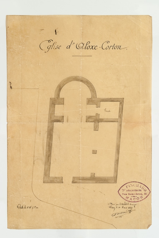 Plan de l'église d'Aloxe-Corton. Dessin de l'architecte Pinchard, daté du 10 mars 1887. (Archives communales, Aloxe-Corton). © Pierre-Marie  Barbe-Richaud (reproduction) / Région Bourgogne-Franche-Comté, Inventaire du patrimoine - 2016