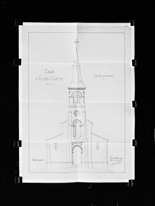 Façade principale de l'église d'Aloxe-Corton. Dessin dressé par l'architecte Pinchard, le 30 juin 1888 (Archives communales, Aloxe-Corton). © Pierre-Marie  Barbe-Richaud (reproduction) / Région Bourgogne-Franche-Comté, Inventaire du patrimoine - 2016