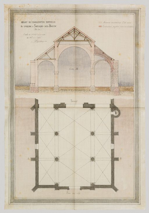 Projet de consolidation partielle de l'église de Savigny-lès-Beaune (Côte-d'Or)" : coupe et plan. Daté du 20 février 1874 et signé Deschamp. (Archives municipales, Savigny-lès-Beaune) © Pierre-Marie  Barbe-Richaud (reproduction) / Région Bourgogne-Franche-Comté, Inventaire du patrimoine - 2017