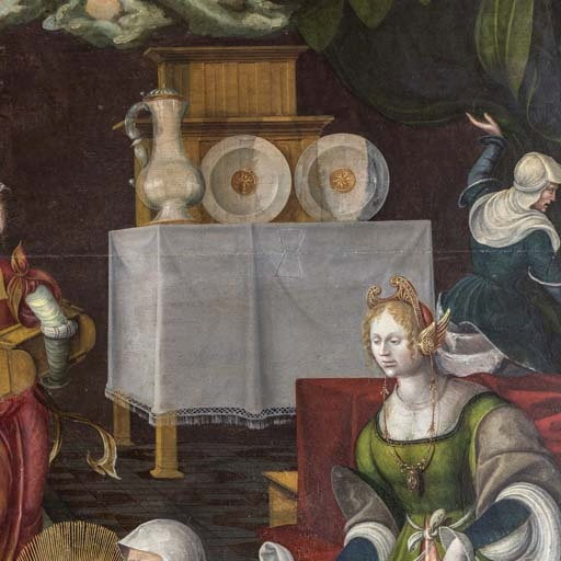 Détail du panneau central : buffet-dressoir. © Pierre-Marie Barbe-Richaud / Région Bourgogne-Franche-Comté, Inventaire du patrimoine - 2018