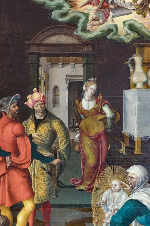 Détail du panneau central : servante et perspective sur la pièce à l'arrière. © Pierre-Marie Barbe-Richaud / Région Bourgogne-Franche-Comté, Inventaire du patrimoine - 2018