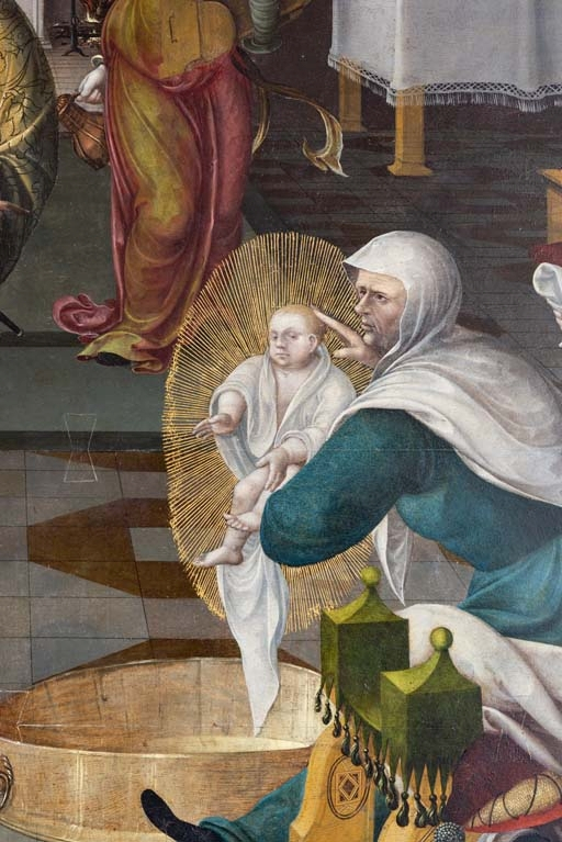 Détail du panneau central : Marie. On remarque un papillon en queue d'aronde. © Pierre-Marie Barbe-Richaud / Région Bourgogne-Franche-Comté, Inventaire du patrimoine - 2018