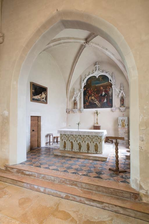Le choeur vu depuis la nef, de trois-quarts. © Pierre-Marie Barbe-Richaud / Région Bourgogne-Franche-Comté, Inventaire du patrimoine - 2018