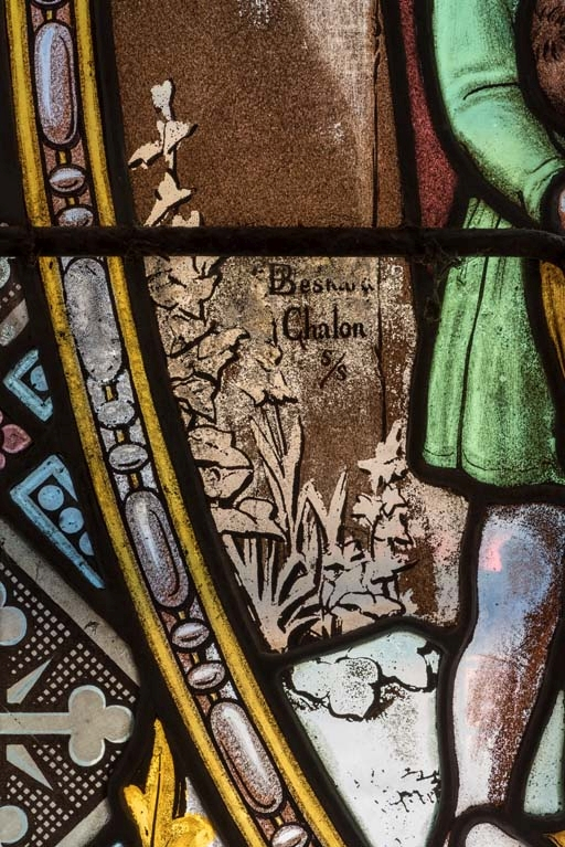 Verrière de Jésus bénissant les enfants : détail de la signature. © Pierre-Marie Barbe-Richaud / Région Bourgogne-Franche-Comté, Inventaire du patrimoine - 2018