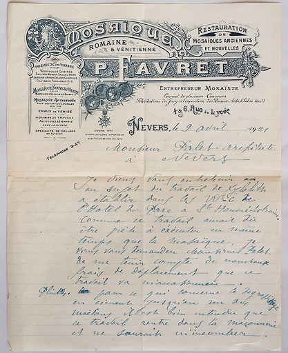 Lettre du mosaïste Pietro Favret à l'architecte Auguste Palet datée du 9 avril 1921. © Pierre-Marie Barbe-Richaud / Région Bourgogne-Franche-Comté, Inventaire du patrimoine - 2020