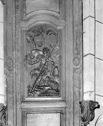Détail de la cuve : panneau représentant saint Jean-Baptiste. © Yves Sancey / Région Bourgogne-Franche-Comté, Inventaire du patrimoine - 1975