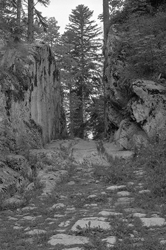 Passage taillé dans la roche pour la voie à ornières. © Gilbert Poinsot / Région Bourgogne-Franche-Comté, Inventaire du patrimoine - 1975