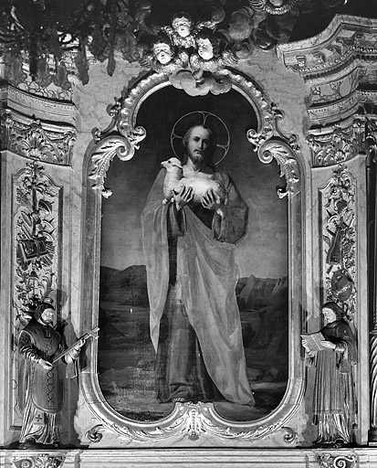 Autel-retable latéral gauche : peinture sur toile, le Bon Pasteur. © Yves Sancey / Région Bourgogne-Franche-Comté, Inventaire du patrimoine - 1975