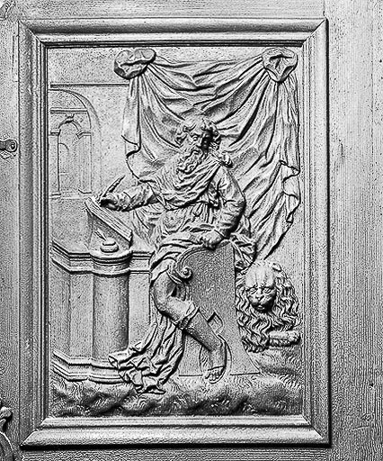 Détail, panneau de la cuve : saint Marc. © Yves Sancey / Région Bourgogne-Franche-Comté, Inventaire du patrimoine - 1977