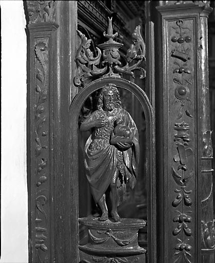Saint Jean-Baptiste sur la jouée IX des stalles nord. © Yves Sancey / Région Bourgogne-Franche-Comté, Inventaire du patrimoine - 1978