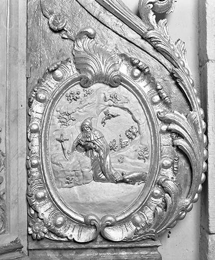 Détail de l'autel secondaire nord : relief de saint Antoine. © Yves Sancey / Région Bourgogne-Franche-Comté, Inventaire du patrimoine - 1979
