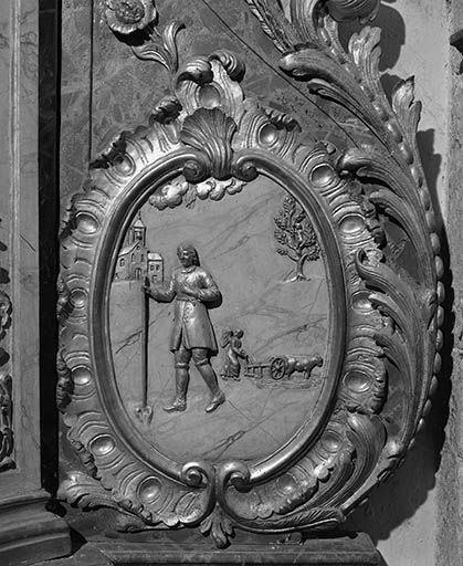 Détail de l'autel secondaire sud : relief de saint Isidore. © Yves Sancey / Région Bourgogne-Franche-Comté, Inventaire du patrimoine - 1979