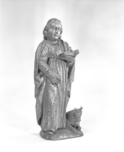 Détail, statuette : saint Luc vu de trois quarts droit. © Yves Sancey / Région Bourgogne-Franche-Comté, Inventaire du patrimoine - 1979
