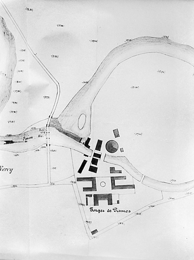 Ancienne usine à fer de Pesmes. Demande du sieur Jouclard en révision de règlement. Plan général. © Jack Dumont, Charbonnel / Région Bourgogne-Franche-Comté, Inventaire du patrimoine - 1979