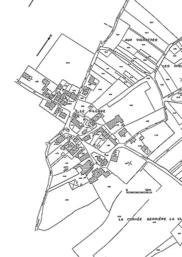 Plan portant le repérage : extrait du cadastre de 1957, section A3. © Yves Sancey / Région Bourgogne-Franche-Comté, Inventaire du patrimoine - 1981