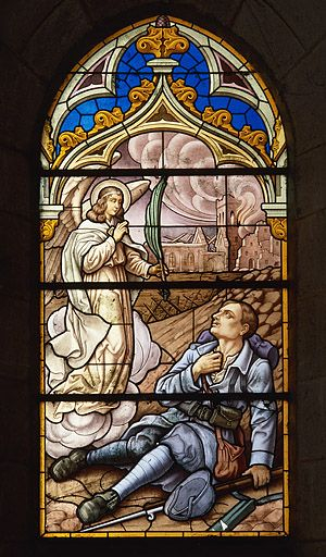 Baie 13 créée au 20e siècle : mort d'un soldat auquel un ange apporte la palme des martyrs. © Yves Sancey / Région Bourgogne-Franche-Comté, Inventaire du patrimoine - 1982