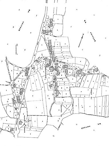 Cadastre avec position des fermes repérées et des fermes sélectionnées. Cadastre de 1959, section AD. © Yves Sancey / Région Bourgogne-Franche-Comté, Inventaire du patrimoine - 1982