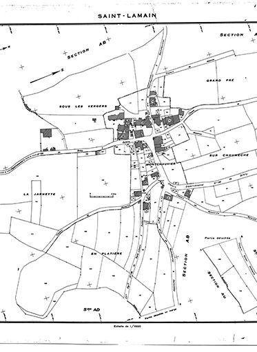 Plan cadastral 1960, section AH avec position des fermes repérées © Yves Sancey / Région Bourgogne-Franche-Comté, Inventaire du patrimoine - 1982