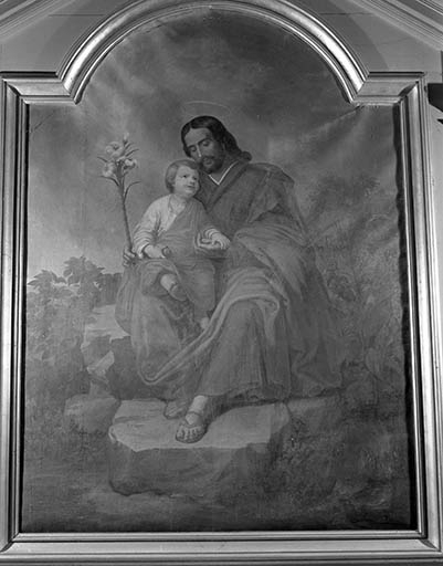 Autel-retable latéral gauche : détail peinture sur toile : saint Joseph et l'Enfant-Jésus. © Yves Sancey / Région Bourgogne-Franche-Comté, Inventaire du patrimoine - 1982