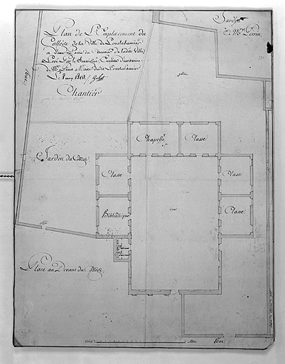 Plan de l'ancienne partie du collège démolie en 1827. © Yves Sancey, Gabiot / Région Bourgogne-Franche-Comté, Inventaire du patrimoine - 1983