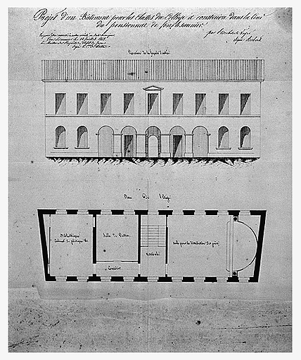 Plan et élévation du bâtiment annexe construit après 1828. © Yves Sancey, Auguste Robert / Région Bourgogne-Franche-Comté, Inventaire du patrimoine - 1983