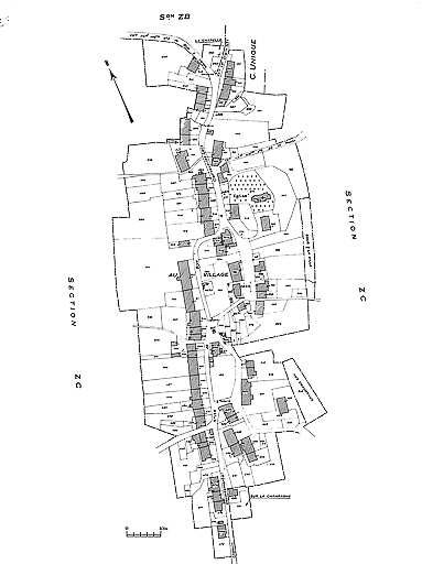 Plan avec position des fermes repérées et sélectionnées. © Yves Sancey / Région Bourgogne-Franche-Comté, Inventaire du patrimoine - 1983