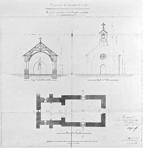 Projet de restauration de la chapelle paroissiale, façade de l'entrée, plan de la chapelle. © Yves Sancey / Région Bourgogne-Franche-Comté, Inventaire du patrimoine - 1983