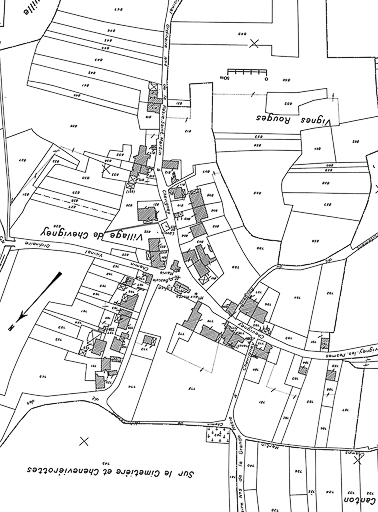 Fond de carte : extrait du cadastre de 1941, section A6. © Yves Sancey / Région Bourgogne-Franche-Comté, Inventaire du patrimoine - 1983