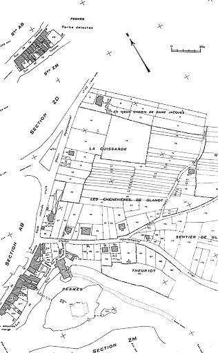 Plan portant le repérage et les unicums. Extrait du cadastre de 1965, section AC. © Yves Sancey / Région Bourgogne-Franche-Comté, Inventaire du patrimoine - 1983