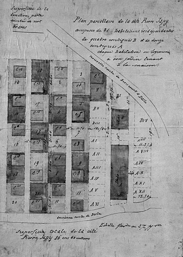 Plan parcellaire de la cité Pierre Japy composée de 21 habitations indépendantes [...]. © Yves Sancey / Région Bourgogne-Franche-Comté, Inventaire du patrimoine - 1984