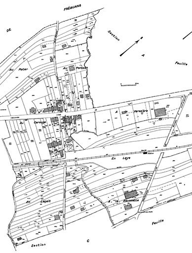 Cadastre avec position des maisons et des fermes repérées et sélectionnées. Cadastre de 1979, section C, 3e feuille. © Jérôme Mongreville / Région Bourgogne-Franche-Comté, Inventaire du patrimoine - 1985