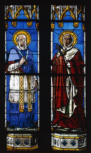 Baie 3 : saint François de Sales et saint François Xavier, écu armorié au tympan, inscription 1881, inscription effacée LAUDET ET FINCK (?) : les deux saints. © Yves Sancey / Région Bourgogne-Franche-Comté, Inventaire du patrimoine - 1986