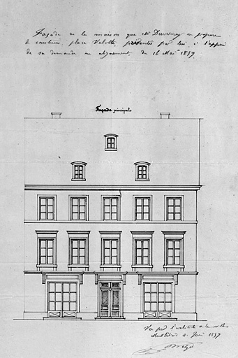 Façade [élévation] de la maison que M. Duvernoy se propose de construire place Velotte, 1859. © Jérôme Mongreville / Région Bourgogne-Franche-Comté, Inventaire du patrimoine - 1986