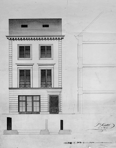 Plan de la maison [coupe et élévation de la façade] de Mme Veuve Megnin-Fallot [... 55, rue du Faubourg], vers 1840-1850. © Jérôme Mongreville, Jean-Frédéric Fallot / Région Bourgogne-Franche-Comté, Inventaire du patrimoine - 1986