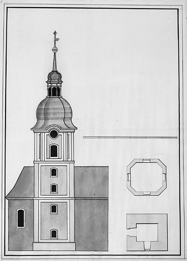 Projet de clocher, entre 1753 et 1765. © Jérôme Mongreville / Région Bourgogne-Franche-Comté, Inventaire du patrimoine - 1987 Projet de clocher, entre 1753 et 1765. © Jérôme Mongreville / Région Bourgogne-Franche-Comté, Inventaire du patrimoine - 1987