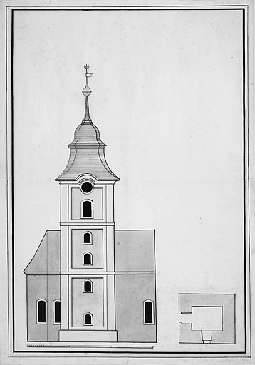 Projet de clocher, entre 1753 et 1765. © Jérôme Mongreville / Région Bourgogne-Franche-Comté, Inventaire du patrimoine - 1987 Projet de clocher, entre 1753 et 1765. © Jérôme Mongreville / Région Bourgogne-Franche-Comté, Inventaire du patrimoine - 1987