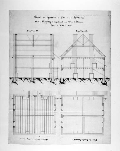 Plan des réparations à faire à un bâtiment situé à Ougney et appartenant aux usines de Fraisans (bâtiment non localisé). © Yves Sancey / Région Bourgogne-Franche-Comté, Inventaire du patrimoine - 1988
