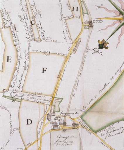 Plan géométrique de plusieurs pièces de terre [...] [détail du fourneau]. © Yves Sancey / Région Bourgogne-Franche-Comté, Inventaire du patrimoine - 1988