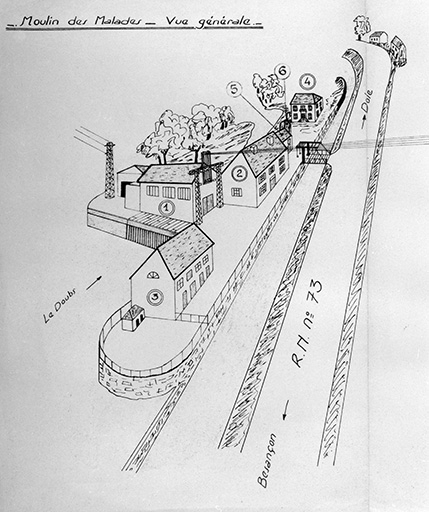 Vue cavalière des bâtiments. © Yves Sancey / Région Bourgogne-Franche-Comté, Inventaire du patrimoine - 1989