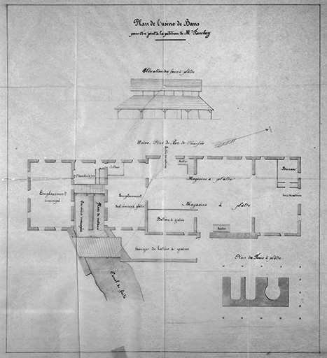Plan de l'usine de Bans pour être joint à la pétition de M. Fauchey, plan et élévation des fours et de l'usine. © Yves Sancey / Région Bourgogne-Franche-Comté, Inventaire du patrimoine - 1989