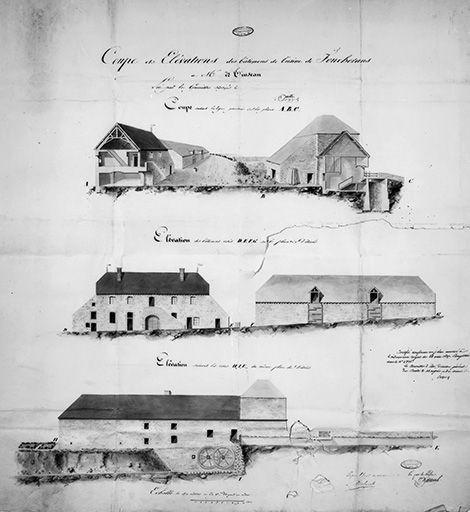 Coupe et élévations des bâtimens de l'usine de Foucherans à Mr de Tinseau. © Yves Sancey / Région Bourgogne-Franche-Comté, Inventaire du patrimoine - 1990 Coupe et élévations des bâtimens de l'usine de Foucherans à Mr de Tinseau. © Yves Sancey / Région Bourgogne-Franche-Comté, Inventaire du patrimoine - 1990