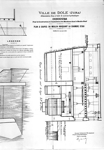 Ville de Dole (Jura). Alimentation d'eau [...] Plan et coupes du moulin indiquant la chambre d'eau [coupe transversale]. © Yves Sancey / Région Bourgogne-Franche-Comté, Inventaire du patrimoine - 1990