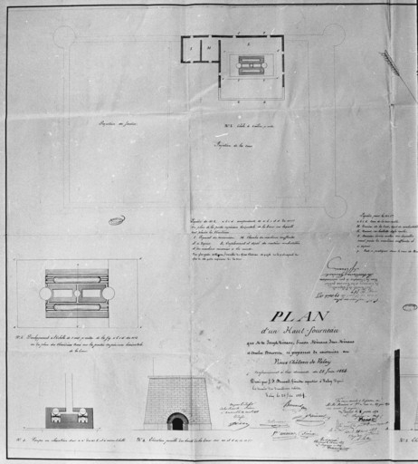 Plan d'un haut-fourneau que MM. [...] se proposent de construire au Vieux Château de Valay [détail de la partie gauche : plan, coupe et élévation]. © Jérôme Mongreville / Région Bourgogne-Franche-Comté, Inventaire du patrimoine - 1990