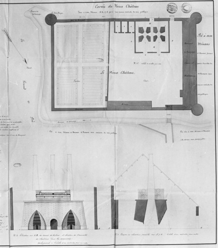 Plan d'un haut-fourneau que MM. [...] se proposent de construire au Vieux Château de Valay [détail de la partie droite : plan, coupe et élévation]. © Jérôme Mongreville / Région Bourgogne-Franche-Comté, Inventaire du patrimoine - 1990