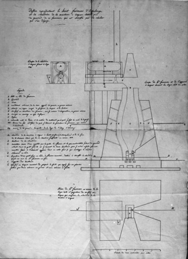 Dessin représentant le haut fourneau d'Echalonge et la chaudière de la machine à vapeur [...]. © Yves Sancey / Région Bourgogne-Franche-Comté, Inventaire du patrimoine - 1990