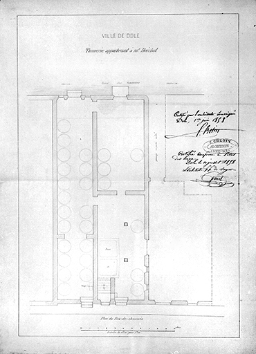 Ville de Dole. Tannerie appartenant à M. Boichut. Plan du rez-de-chaussée. © Jérôme Mongreville / Région Bourgogne-Franche-Comté, Inventaire du patrimoine - 1991 Ville de Dole. Tannerie appartenant à M. Boichut. Plan du rez-de-chaussée. © Jérôme Mongreville / Région Bourgogne-Franche-Comté, Inventaire du patrimoine - 1991